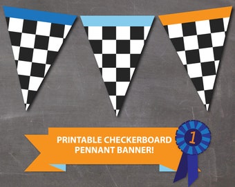 Derby Checkerboard Pennant Banner - INSTANT DOWNLOAD PRINTABLE - Blue and Orange Collection Car Race Banner