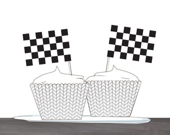 Derby Checkered Flag Cupcake Toppers - INSTANT DOWNLOAD PRINTABLE - Blue and Orange Collection