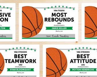 Editable Basketball Award Certificates - INSTANT DOWNLOAD PRINTABLE -Green and Silver Grey Gray