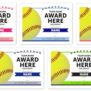 ANY COLORS Editable Softball Awards Certificates | Online Template | Fast, Easy | Softball Award Certificate