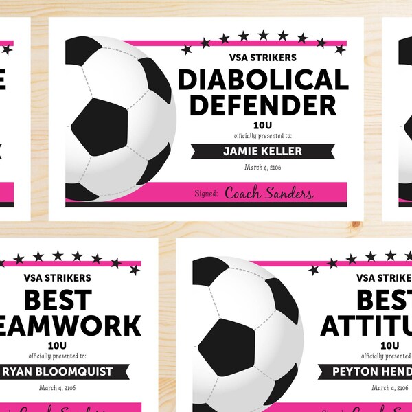 TEAM COLORS Editable Soccer Awards Certificates - Instant Download  PDF - Black and Hot Pink: Printable Award Certificate Template