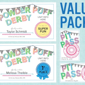May include: A value pack of printable certificates for a powder puff derby event. The certificates feature colorful text and graphics, including flags, a checkered pattern, and a ribbon. The text on the certificates includes "Powder Puff Derby", "Unit Info Here", "Super Fun", "1st Place", and "Officially Awarded To".