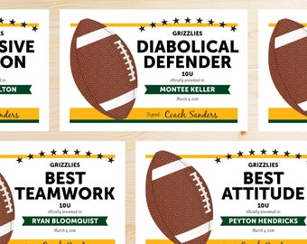 TEAM COLORS Editable Football Awards Certificates - Instant Download Printable PDF - Green and Gold - Editable