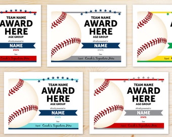EDITABLE COLORS Baseball Award Certificates | T-Ball T Ball | Editable Online Template | Fast, Easy, Completely Customizable