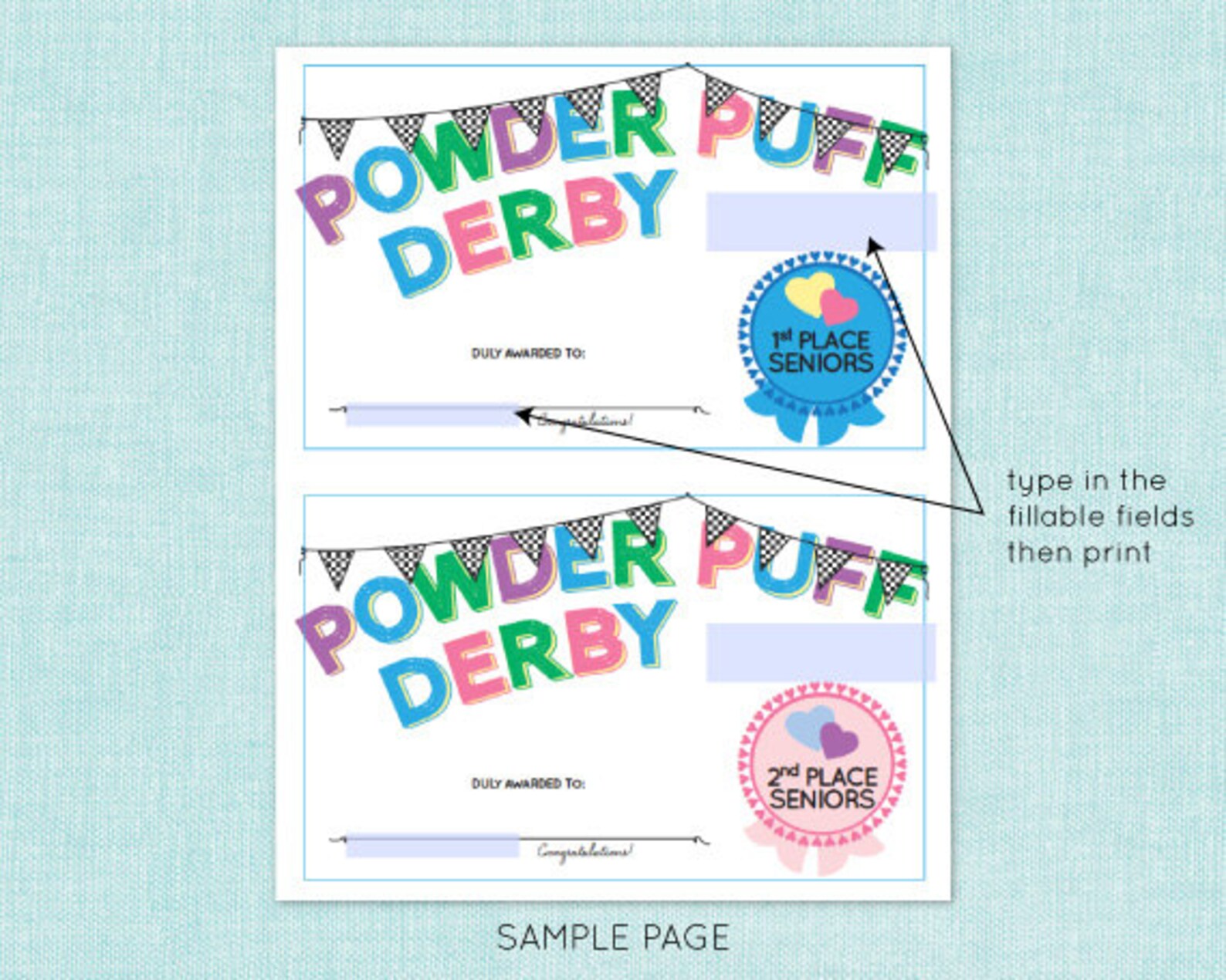 Powder Puff Derby Deluxe Place Award Certificates INSTANT Etsy