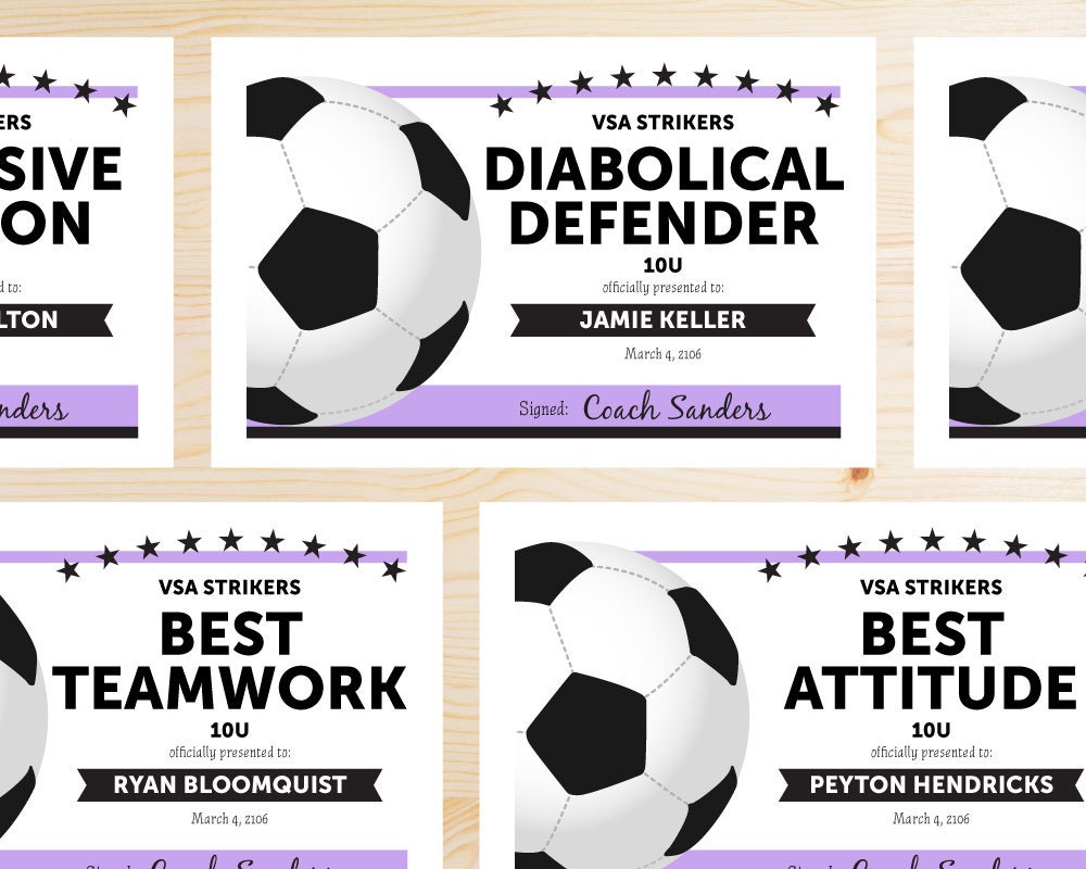 Editable Soccer Award Certificates - INSTANT DOWNLOAD PRINTABLE - Black and  Purple Lavender: Printable Inside Soccer Award Certificate Template