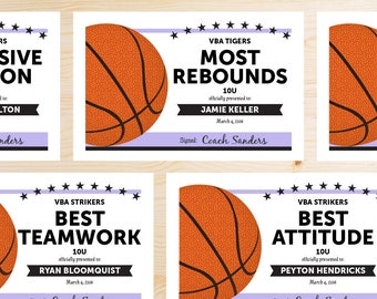 Editable Basketball Award Certificates - INSTANT DOWNLOAD PRINTABLE - Lavender Lavendar Light Purple and Black
