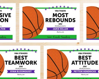 Editable Basketball Award Certificates - INSTANT DOWNLOAD PRINTABLE - Green and Purple