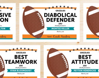 TEAM COLORS Editable Football Awards Certificates - Instant Download Printable PDF - Orange and Teal - Editable