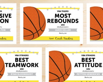 Editable Basketball Award Certificates - INSTANT DOWNLOAD PRINTABLE - Yellow and Silver Grey Gray
