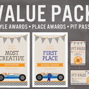 May include: A set of three printable racing-themed award certificates. The first certificate is for "Most Creative" and features a blue race car with the number 10. The second certificate is for "First Place" and also features a blue race car with the number 10. The third certificate is a "Pit Pass" with a space for a name and group number. All three certificates have a checkered flag design and a wood grain background.
