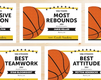 Editable Basketball Award Certificates - INSTANT DOWNLOAD PRINTABLE - Black and Gold Yellow