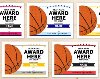 EDITABLE COLORS Basketball Award Certificates | Editable Online Template | Fast, Easy, Completely Customizable