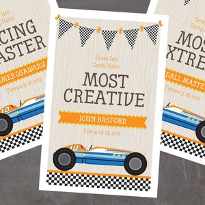 May include: Three racing-themed awards with a light wood grain background. Each award features a race car illustration in blue and orange, with the text "RACING MASTER", "MOST CREATIVE", and "MOST XTREME". Includes names and dates.