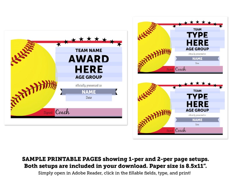 Editable Softball Award Certificates INSTANT DOWNLOAD Etsy