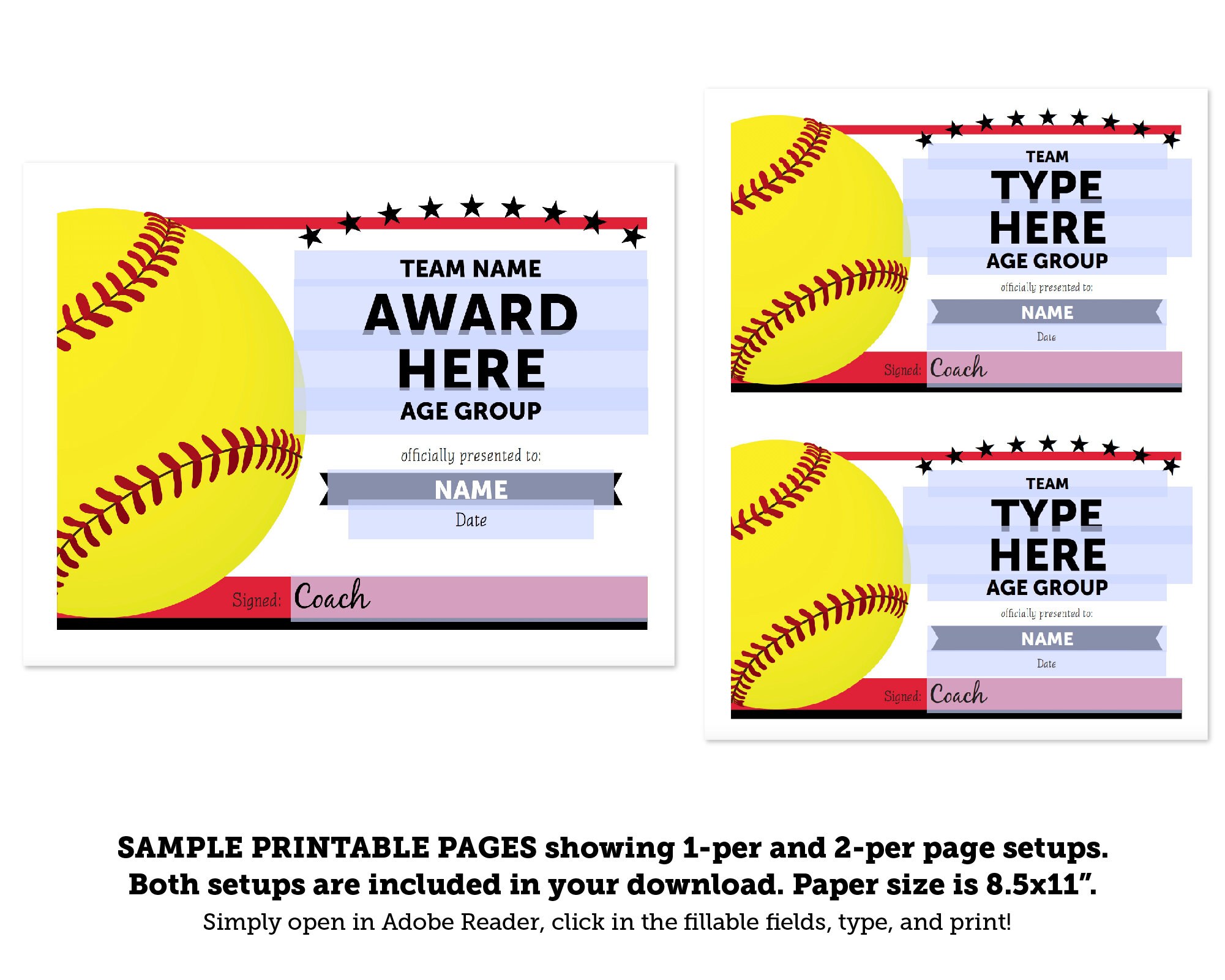 Editable Softball Award Certificates INSTANT DOWNLOAD Etsy Australia