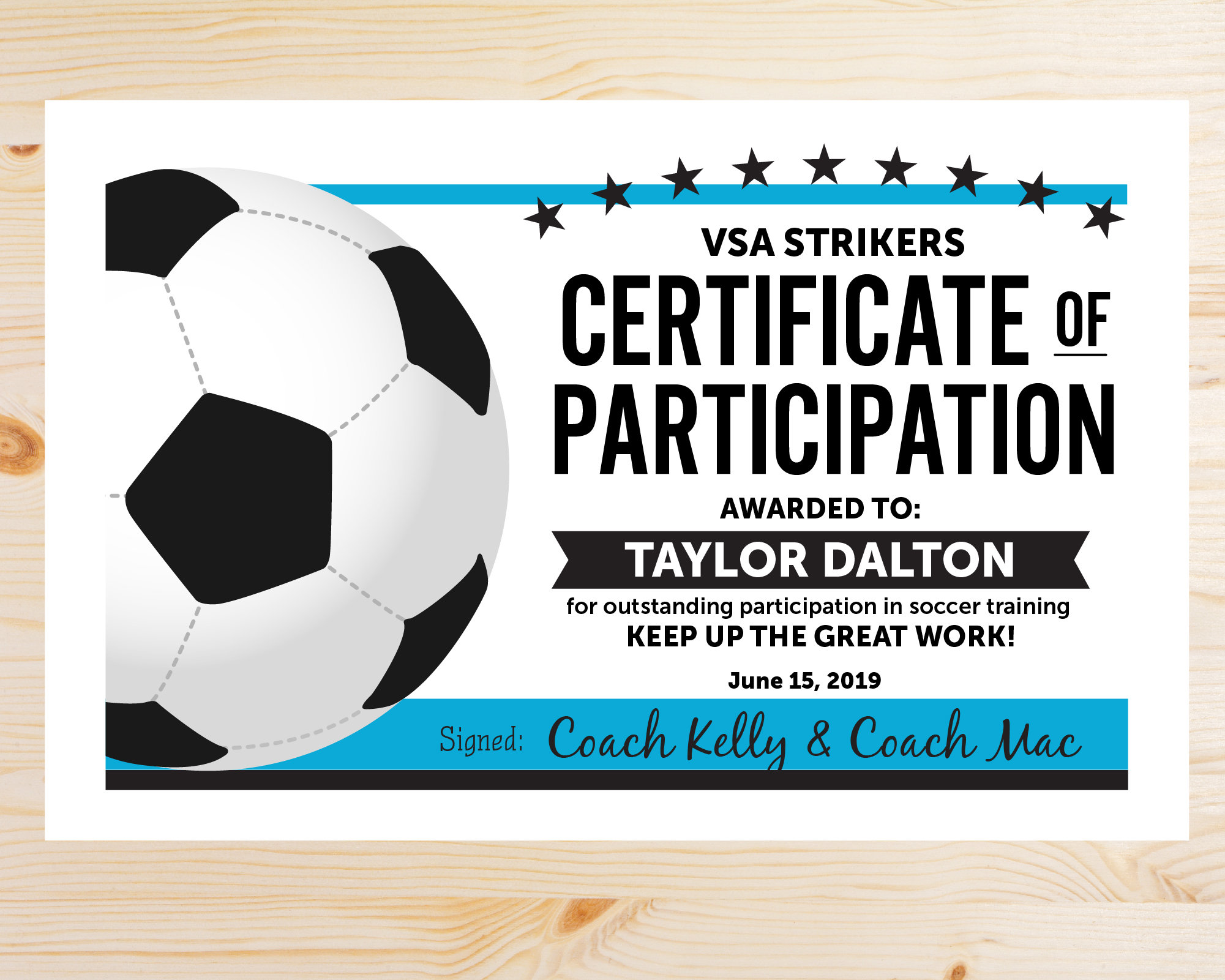 Editable Soccer Participation Award Certificates - INSTANT DOWNLOAD  PRINTABLE - Kingfisher Turquoise Blue and Black In Soccer Award Certificate Template