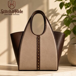Leather Tote Bag – Brown & Beige Studded Genuine Leather – Handmade Women's Handbag – Top Handle Style