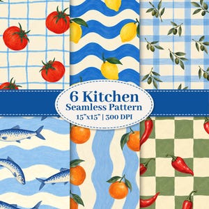 May include: A digital collection of six seamless kitchen patterns featuring illustrations of red tomatoes on blue grid, yellow lemons on blue waves, green olives on blue grid, blue fish on waves, oranges on blue waves, and red chili peppers on green checks.