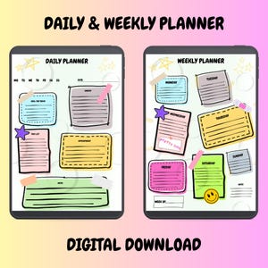 Può includere: Un modello di agenda giornaliera e settimanale digitale visualizzato su due tablet. L'agenda giornaliera include sezioni per obiettivi, attività, appuntamenti e note. L'agenda settimanale presenta riquadri etichettati per ogni giorno della settimana.