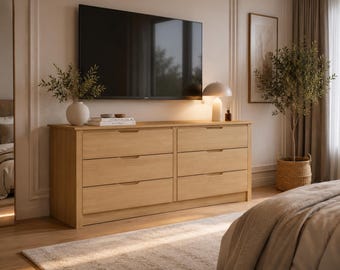 Cómoda de madera de 6 cajones, cómoda amplia, almacenamiento moderno para dormitorio.