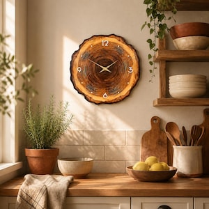 May include: A round wall clock made from a natural wood slice with visible tree rings, featuring gold-colored hands and white numerals at the 3, 6, 9, and 12 o'clock positions. The clock face displays a dark brown center with lighter wood grain.