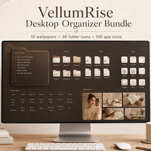 Puede incluir: Un paquete de organización de escritorio VellumRise con 10 fondos de pantalla, 30 iconos de carpeta y 100 iconos de aplicaciones. La pantalla muestra una interfaz marrón oscuro con secciones para Brain Dump, Folders, Files, Apps, Weekly Plan e Inspiration.