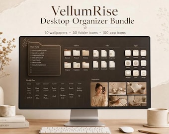 May include: A computer monitor displaying the VellumRise Desktop Organizer Bundle, featuring 10 wallpapers, 30 folder icons, and 100 app icons. The screen shows a dark brown interface with sections for Brain Dump, Folders, Files, Apps, and a Weekly Plan.