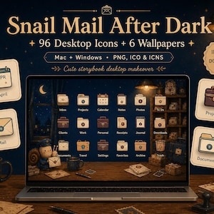 Può includere: Un set di icone per desktop e sfondi intitolato Snail Mail After Dark, contenente 96 icone e 6 sfondi per Mac e Windows. Lo schermo mostra un'area di lavoro a tema notturno con icone di cartelle, posta e calendario in stile illustrato.