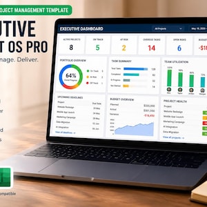 Op de afbeelding: Een laptopscherm met de Google Sheets projectmanagement-sjabloon Executive Project OS Pro. Het dashboard bevat een samenvatting, portfolio-overzicht, taakoverzicht, teambezetting, budgetoverzicht en de status van het project.