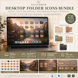 Può includere: Un pacchetto di icone per cartelle desktop di Vellumrise con 231 icone in 5 stili, tra cui lino minimale, firma botanica, contorno oliva, motivo a quadretti e lusso di mezzanotte. Include sfondi naturali per Mac e Windows.