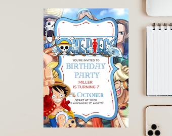 Modello di invito di compleanno One Piece / Invito modificabile su Canva / Download immediato / Invito stampabile e modificabile