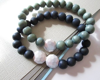 Stretchy Beaded Bracelet Set / Boho Bracelet / Elegant Bracelet / Wood Bead Bracelet / Casual Bracelet / Minimalist Jewelry - "Silver Trio"