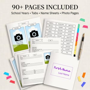 Kit per la scatola dei ricordi scolastici, modello Canva modificabile, pagine per conservare i ricordi dell'anno scolastico, linguette per raccoglitori ed etichette per la scatola, dalla scuola materna alla scuola superiore.