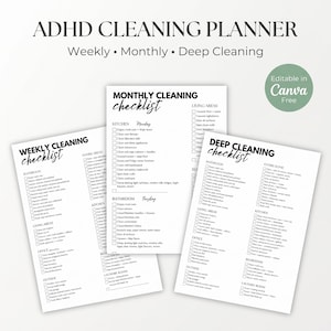 以下が含まれることがあります： ADHD Cleaning Plannerと題された3枚の印刷可能な掃除チェックリストセット。週間、月間、徹底掃除のセクションが含まれています。各ページは白地に黒い文字で、キッチン、バスルーム、リビングエリアなどのタスク用のチェックボックスが配置されています。緑色の円はCanvaで編集可能であることを示しています。