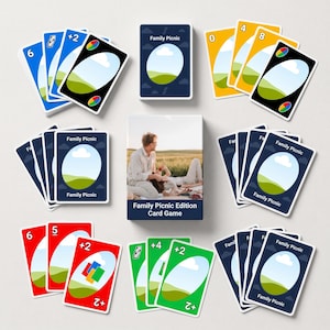 Pode incluir: Um conjunto de cartas de jogo Family Picnic Edition com uma caixa central contendo uma foto de duas pessoas num campo, rodeada por várias cartas de jogo em azul, amarelo, vermelho e verde, cada uma com um gráfico de paisagem e o texto Family Picnic.