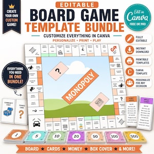 Könnte beinhalten: Ein bearbeitbares Brettspiel-Vorlagenpaket mit einem zentralen Spielbrett, das eine hellblaue und grüne Landschaft, Grundstücksfelder und das Wort MONOPOLY zeigt. Enthält druckbare Karten, Spielgeld in Werten von 1, 5, 10, 20, 50, 100, 500 und Besitzurkunden.