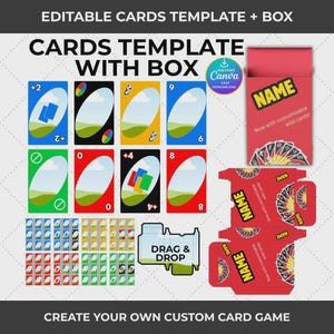 May include: An editable card game template featuring various colored cards with numbers and symbols, a red box design with the text NAME and Now with customizable wild cards, and a drag and drop box layout for creating a custom card game set.