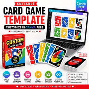 Può includere: Un modello di gioco di carte modificabile visualizzato sullo schermo di un portatile, con una scatola rossa etichettata Custom Card Game, un mazzo di carte e una fila di carte numerate e d'azione colorate. Il design include testi come Editable, Customize in Canva Free e Full Deck Included.