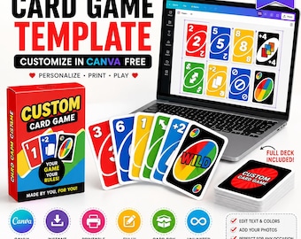 Modèle de jeu de cartes modifiable sur Canva | Modèle de cartes à jouer personnalisé | Cartes de jeu de société à imprimer | Jeu de cartes et boîte à faire soi-même | Canva gratuit
