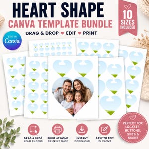 May include: A digital Canva template bundle for heart-shaped designs featuring 10 sizes. The layout includes multiple sheets with heart-shaped frames for photos, including a sample image of a family. Text includes Heart Shape Canva Template Bundle, Drag & Drop, Edit, Print, and 10 Sizes Included.