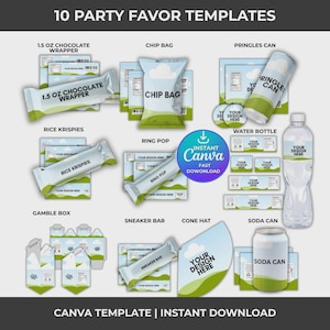 May include: A collection of 10 party favor templates including wrappers for 1.5 oz chocolate bars, chip bags, Pringles cans, Rice Krispies, Ring Pops, water bottles, gamble boxes, sneaker bars, cone hats, and soda cans with a blue sky design.