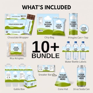 Puede incluir: Un paquete de plantillas digitales para fiestas con un diseño de cielo azul claro y colinas verdes. Incluye diseños para envoltorios de chocolate, bolsas de patatas, latas de Pringles, arroz inflado, etiquetas de botellas, cajas, barras, gorros y latas de 16 oz.