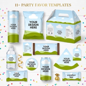 May include: A collection of 11+ party favor templates featuring a light blue sky with white clouds and green rolling hills. Items include a cylindrical container, chip bag, gable box, water bottle label, candy wrappers, circular sticker, and tag.