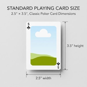 May include: A standard playing card with a 5 of clubs symbol in the corners. The center features a landscape illustration of a white cloud over green hills. Text reads: STANDARD PLAYING CARD SIZE 2.5" x 3.5", Classic Poker Card Dimensions.