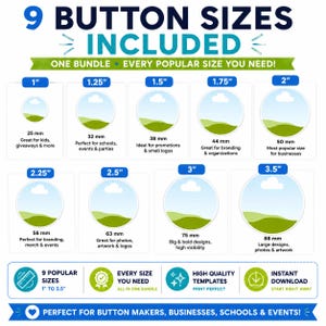 Puede incluir: Un gráfico digital que muestra 9 tamaños de botones que van desde 25 mm hasta 88 mm. Cada tamaño se ilustra con un gráfico circular que muestra un paisaje. El texto incluye medidas en pulgadas y milímetros, además de etiquetas para varios usos.