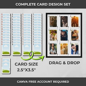 Op de afbeelding: Een complete kaartontwerpset met een raster van speelkaarten met aanpasbare fotovakken, een drag-and-drop interface en tekst die de kaartgrootte 2,5"x3,5" aangeeft en een gratis Canva-account vereist. Bevat meerdere stapels kaarten.