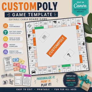 Pode incluir: Um modelo de jogo de tabuleiro personalizável com um tabuleiro quadrado contendo espaços de propriedades, uma faixa central laranja com o rótulo CUSTOMPOLY, cartas de jogo, notas de dinheiro e peças de metal. Texto: CUSTOMPOLY GAME TEMPLATE.