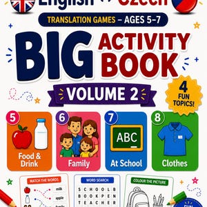 Puede incluir: Un libro de actividades de traducción inglés-checo para niños de 5 a 7 años, titulado Word Jelly Big Activity Book Volume 2. La portada presenta cuatro temas: comida y bebida, familia, escuela y ropa, con ilustraciones y juegos.