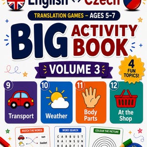 Puede incluir: Un libro de actividades colorido titulado Word Jelly English to Czech Translation Games para niños de 5 a 7 años. La portada muestra gráficos de transporte, clima, partes del cuerpo y compras, junto con juegos de palabras y colorear.